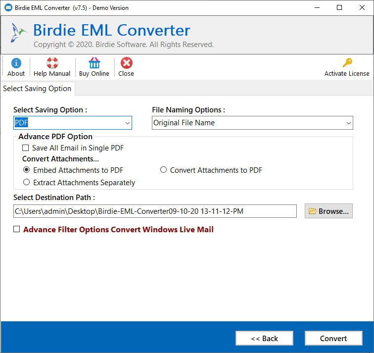 Combine EML emails as PDF file screenshot